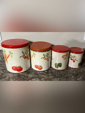 Vintage Red-Top Vegetable Tin Canister Set - 4 Piece Kitchen Storage